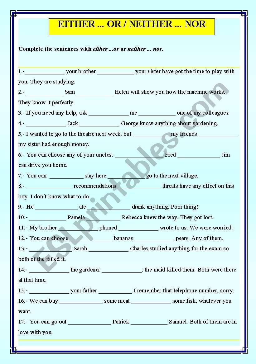 EITHER OR NEITHER NOR ESL Worksheet By Emece