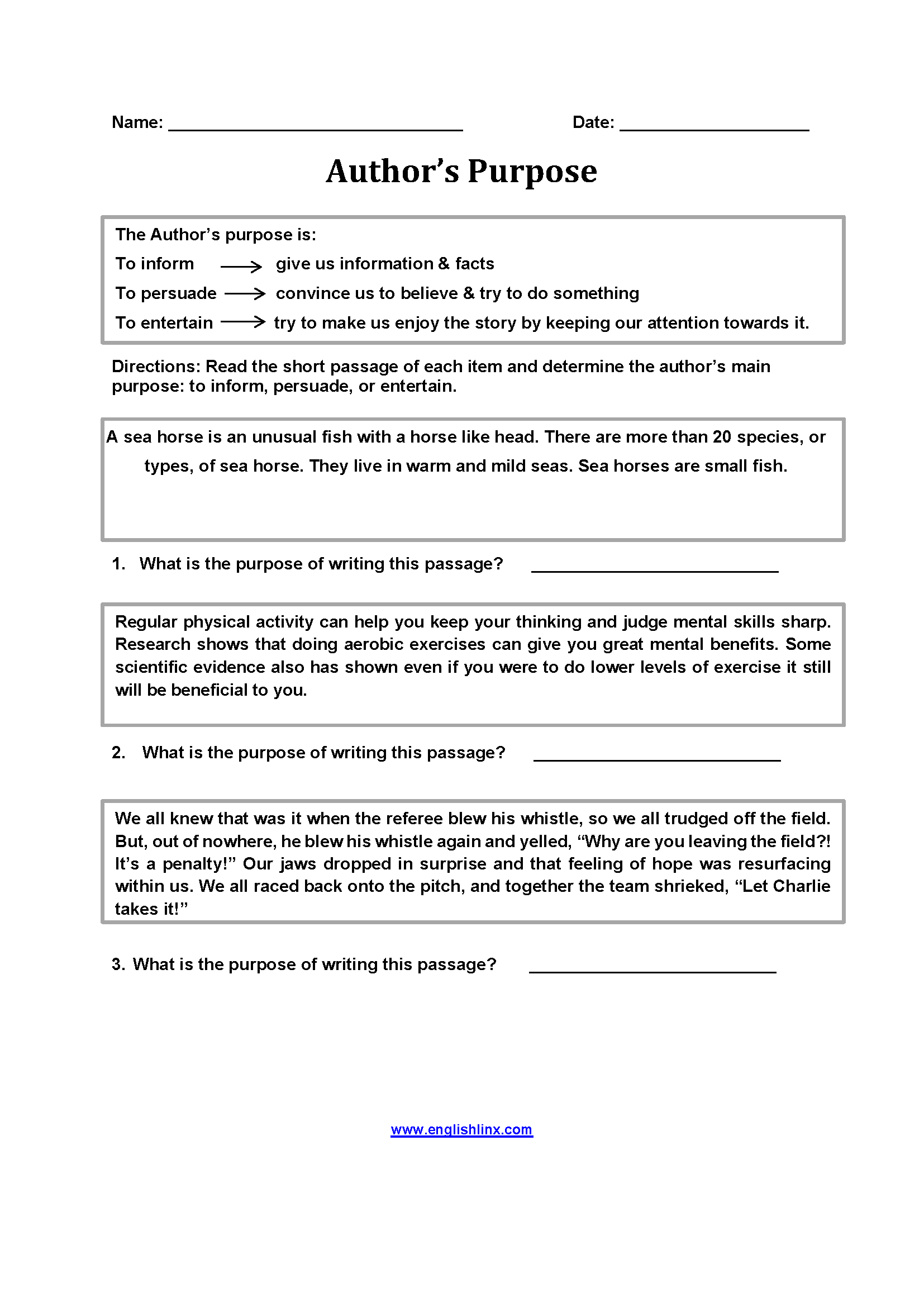 Englishlinx Author S Purpose Worksheets Author S Purpose Worksheet 4 Reading Activity