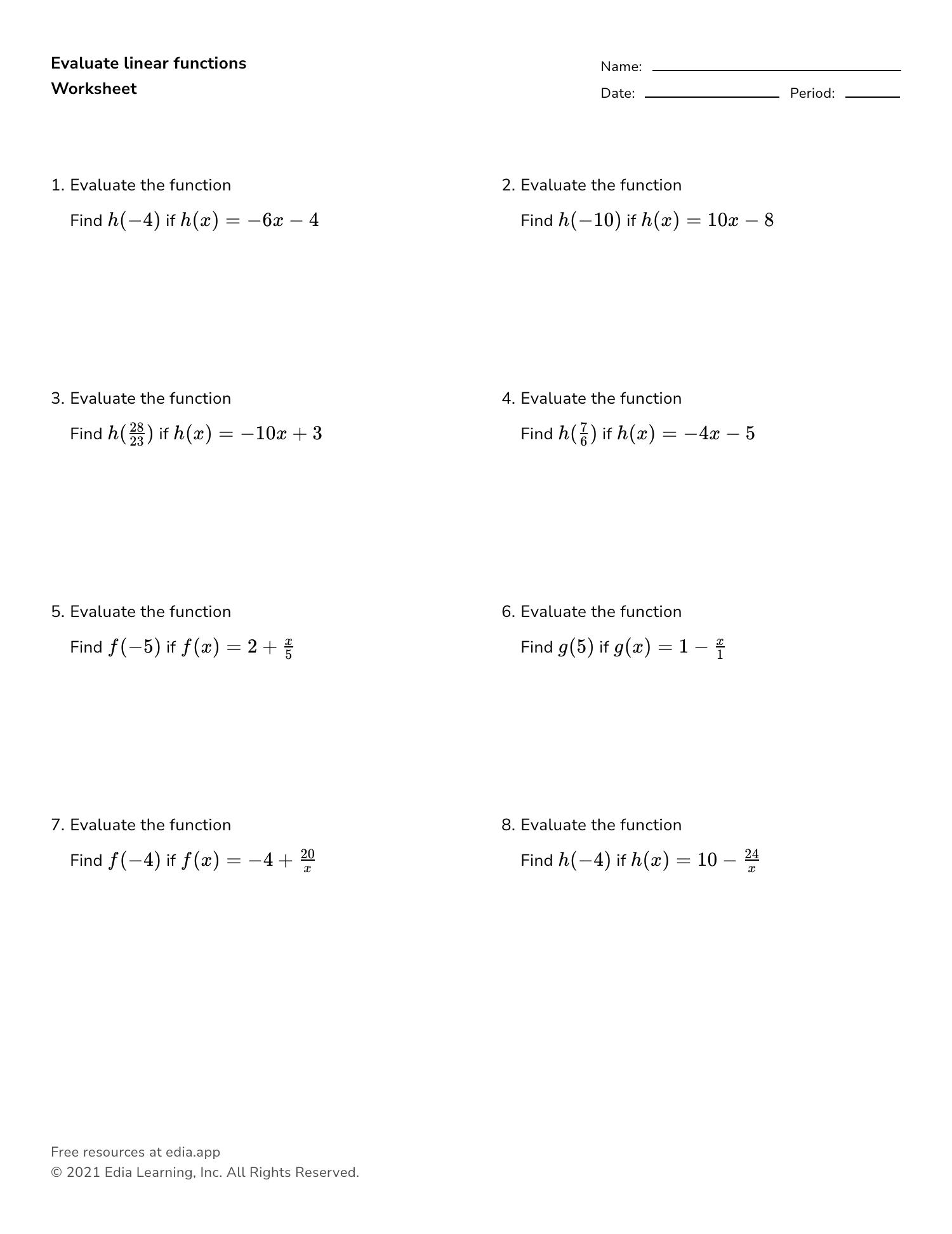 Evaluating Functions Worksheet Practice And Mastery Edia AI Platform For Student Outcomes