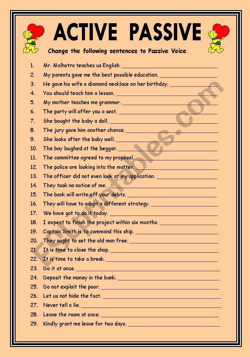 Exercises On ACTIVE PASSIVE VOICE EDITABLE With KEY ESL Worksheet By Vikral