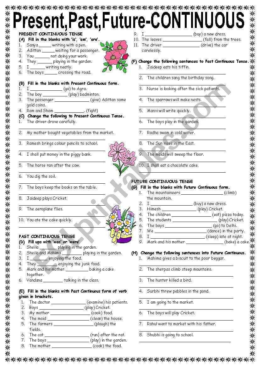 Exercises On Present Past Future Continuous Tenses Editable With Answers ESL Worksheet By Vikral