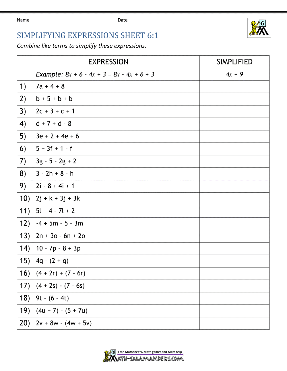 6th Grade Algebra Worksheets
