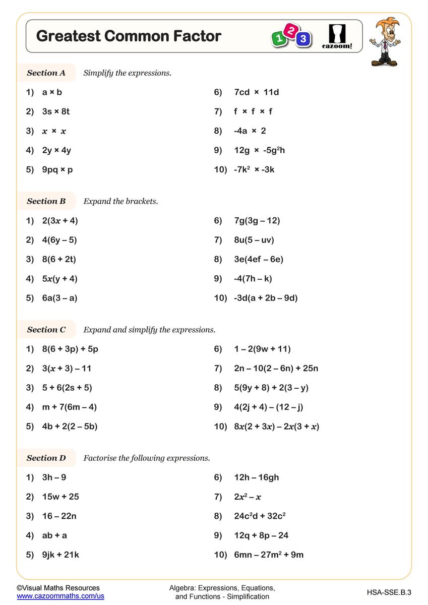 Factoring Using GCF Worksheet PDF Printable Algebra Worksheet Cazoom Math