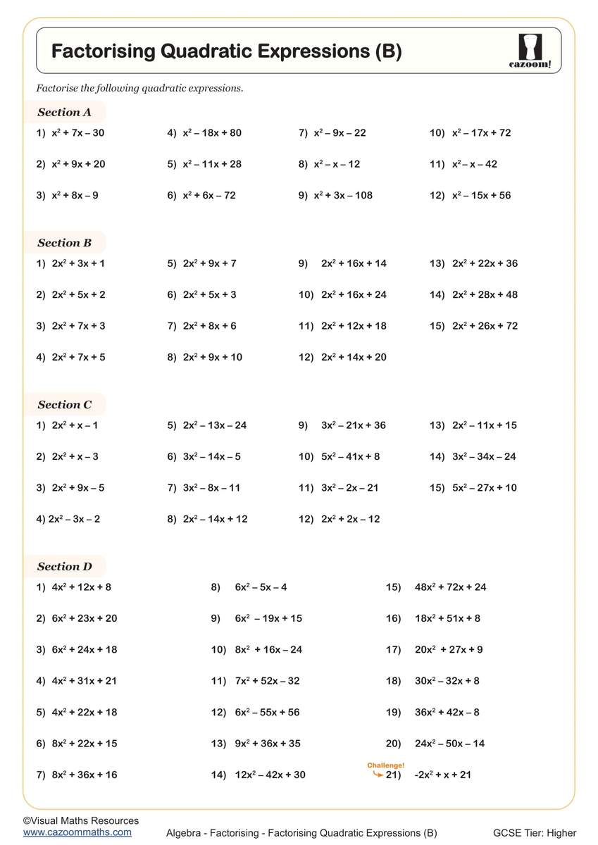 Factorising Quadratic Expressions C Worksheet Printable PDF Worksheets