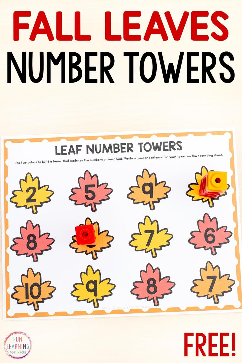 Fall Leaf Number Towers Free Printable Math Activity Fall Leaf Printables And Activities For Kids