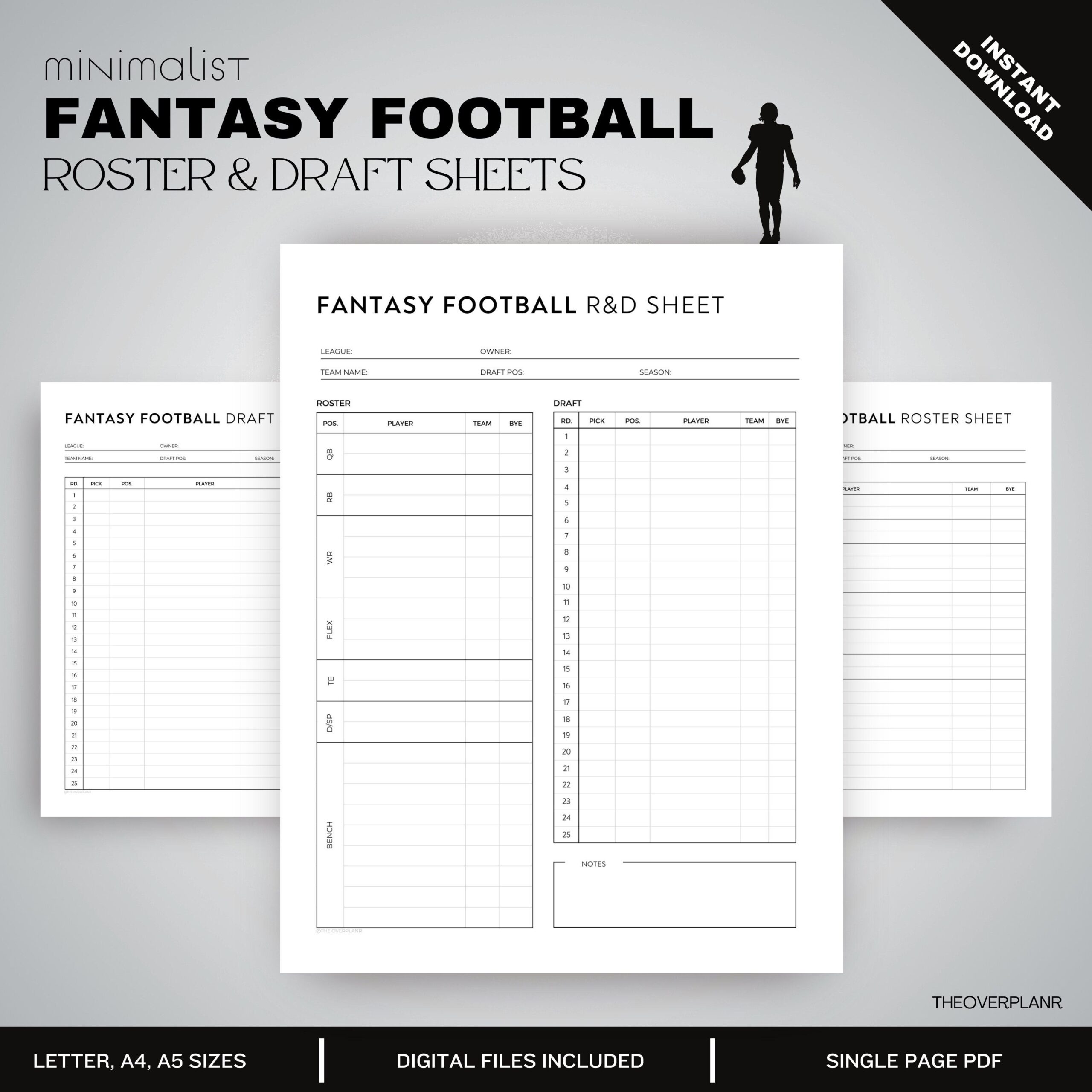 Fantasy Football Draft Kit Printable Roster Cheat Sheet Digital Download US Letter A4 A5 Ipad Template Etsy Israel