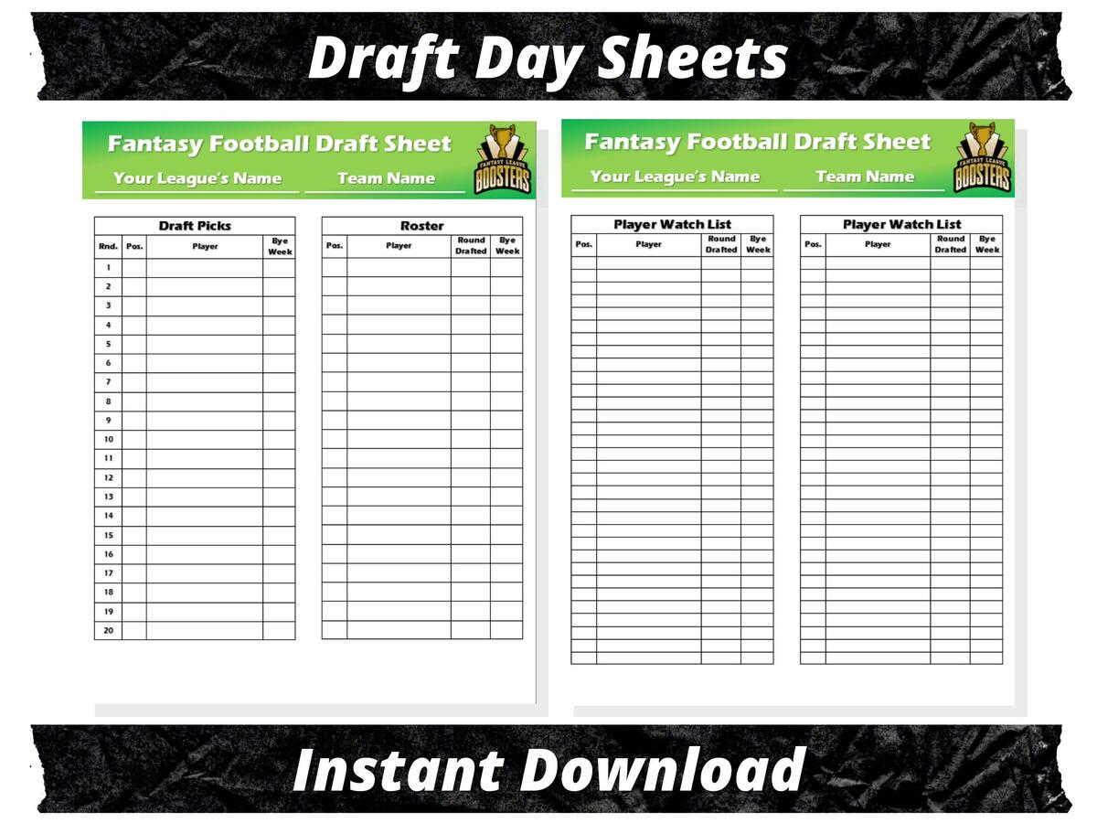 Fantasy Football Draft Sheet Printable NFL Draft Board PDF JPEG Download Etsy
