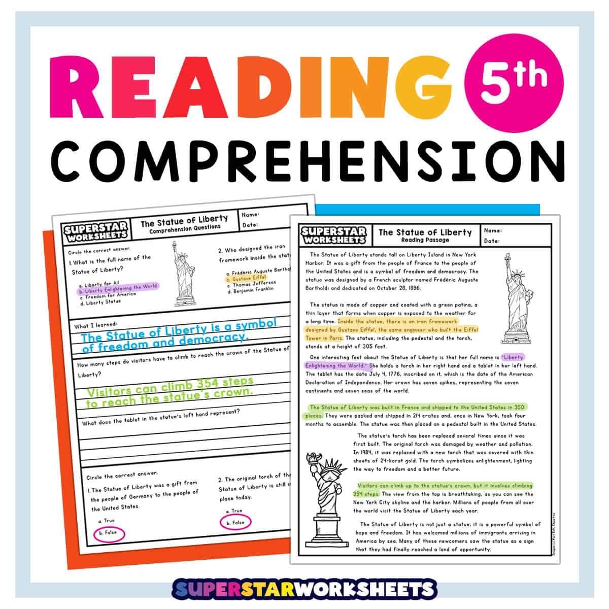 Fifth Grade Reading Comprehension Superstar Worksheets