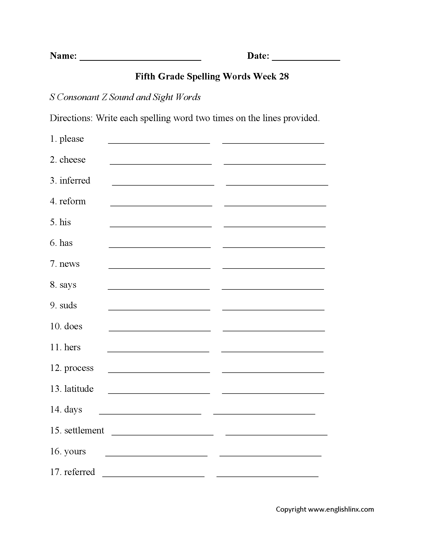 Fifth Grade Spelling Worksheets Printable Word Lists Weekly Practice English Language Arts Worksheet Worksheets Worksheets Worksheets Library
