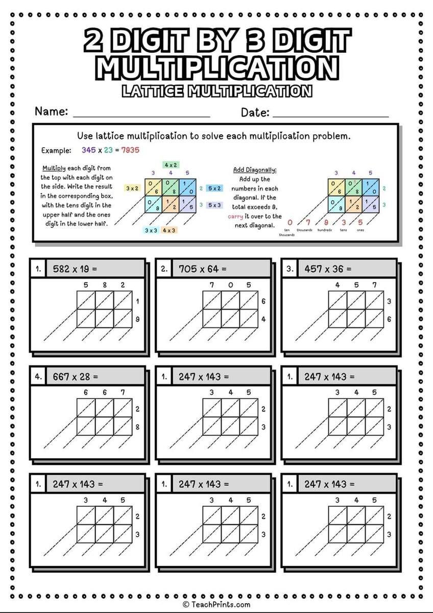 2 Digit By 2 Digit Multiplication With Lattice Method Worksheets Math Problems Teaching Resources