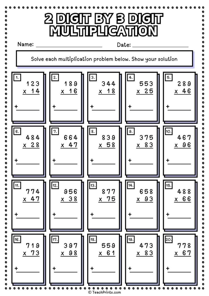 Free 2 Digit By 3 Digit Multiplication Worksheets Teach Prints