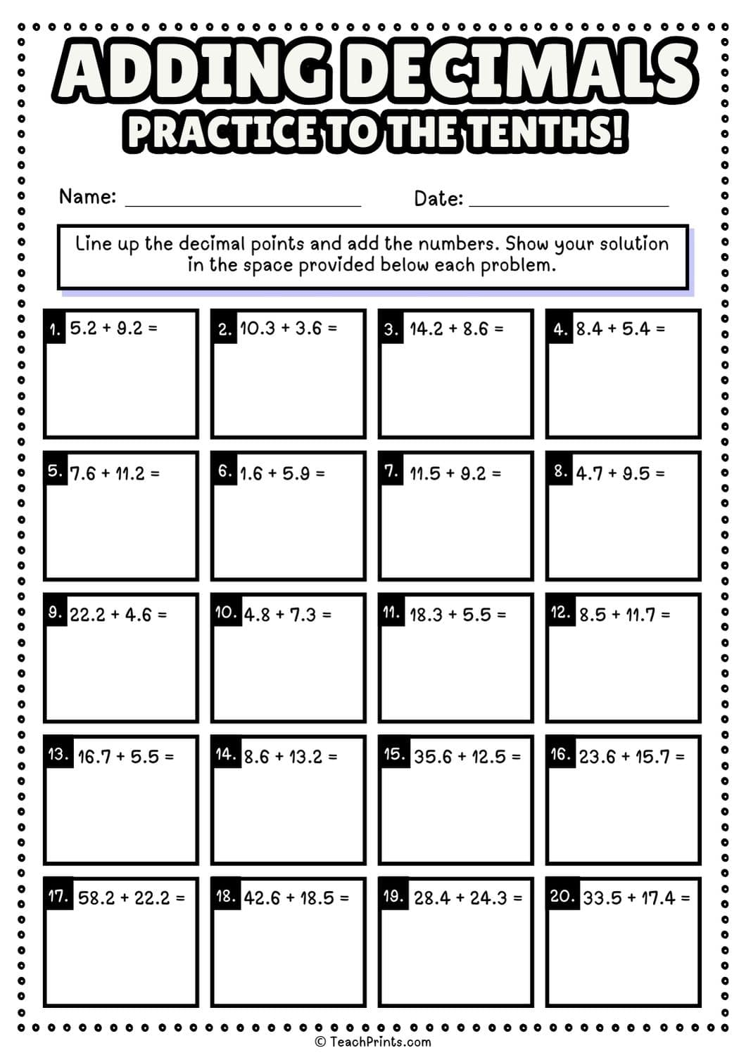 Free Adding Decimals Worksheets Teach Prints Decimal Addition Worksheets 5th Grade