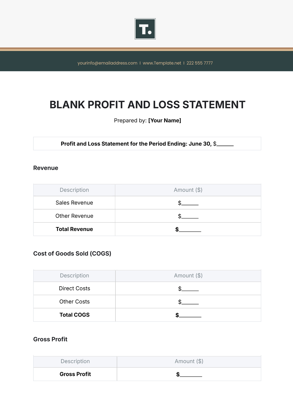 Free Blank Profit And Loss Statement Template To Edit Online
