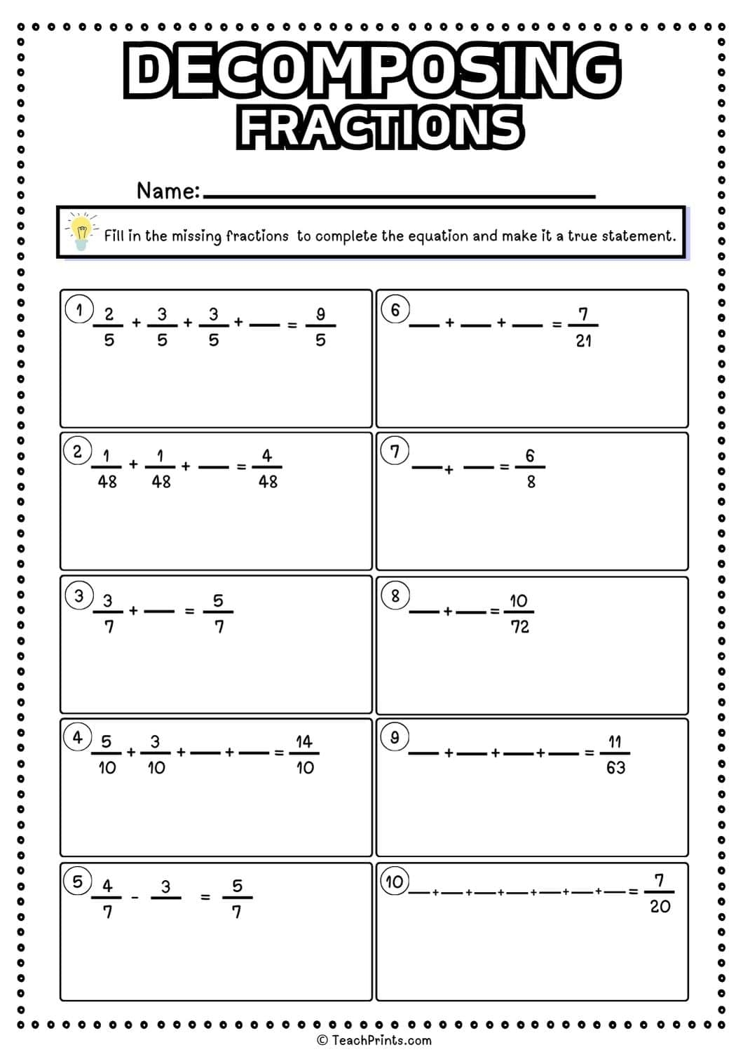 Free Decomposing Fractions Worksheets Teach Prints Composing And Decomposing Fractions Notes Pages Great For Notebooks Sum Of Unit Fractions Minds In Bloom Unlimited