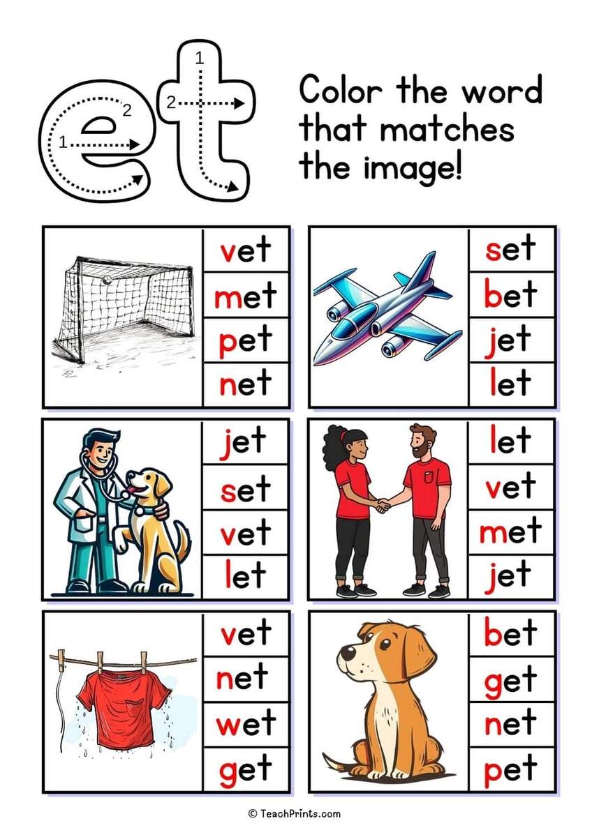 Free Et Word Family Worksheets Teach Prints