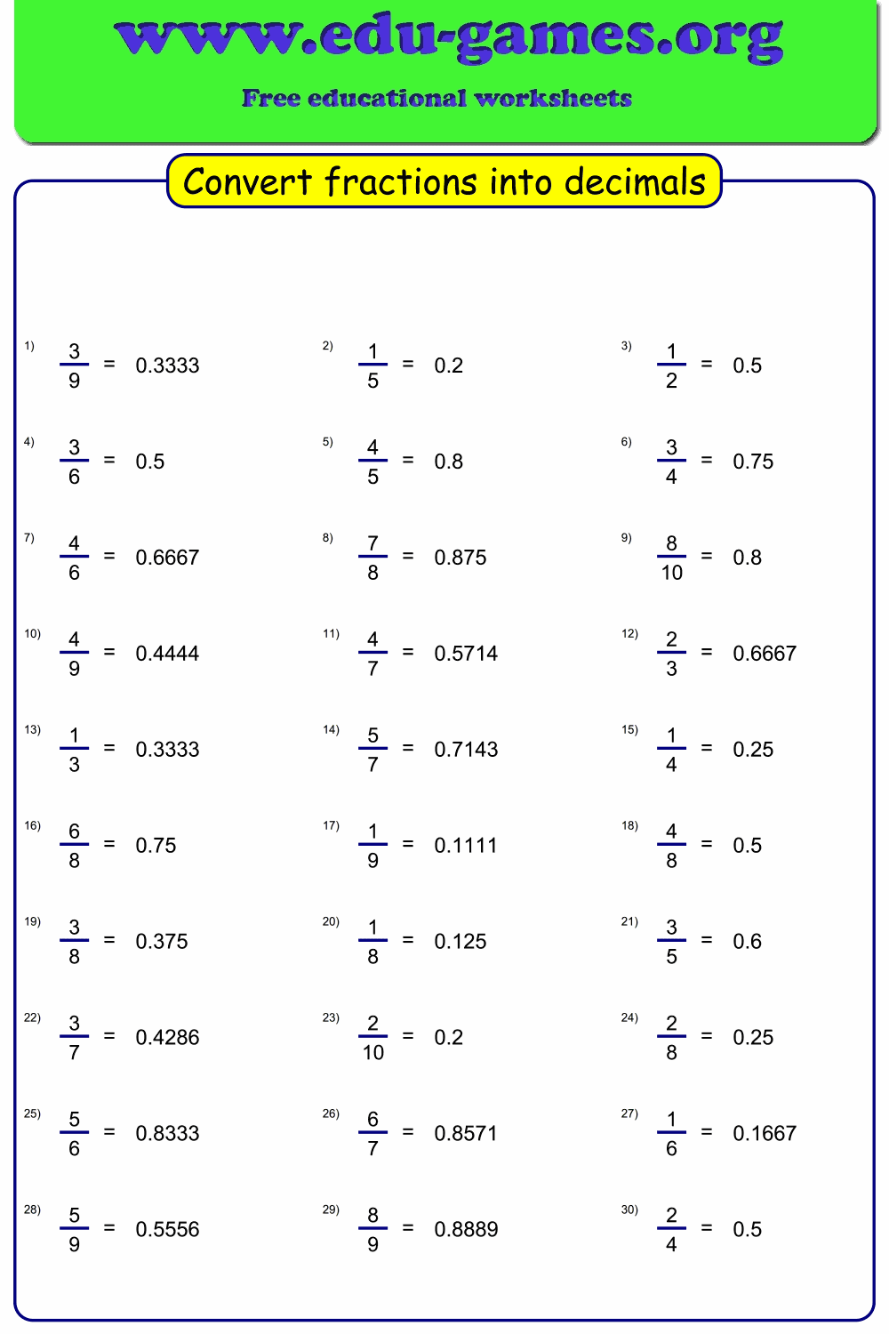 Free Fraction To Decimal Worksheets PDF Easy Generator For Students Convert Fractions To Decimal
