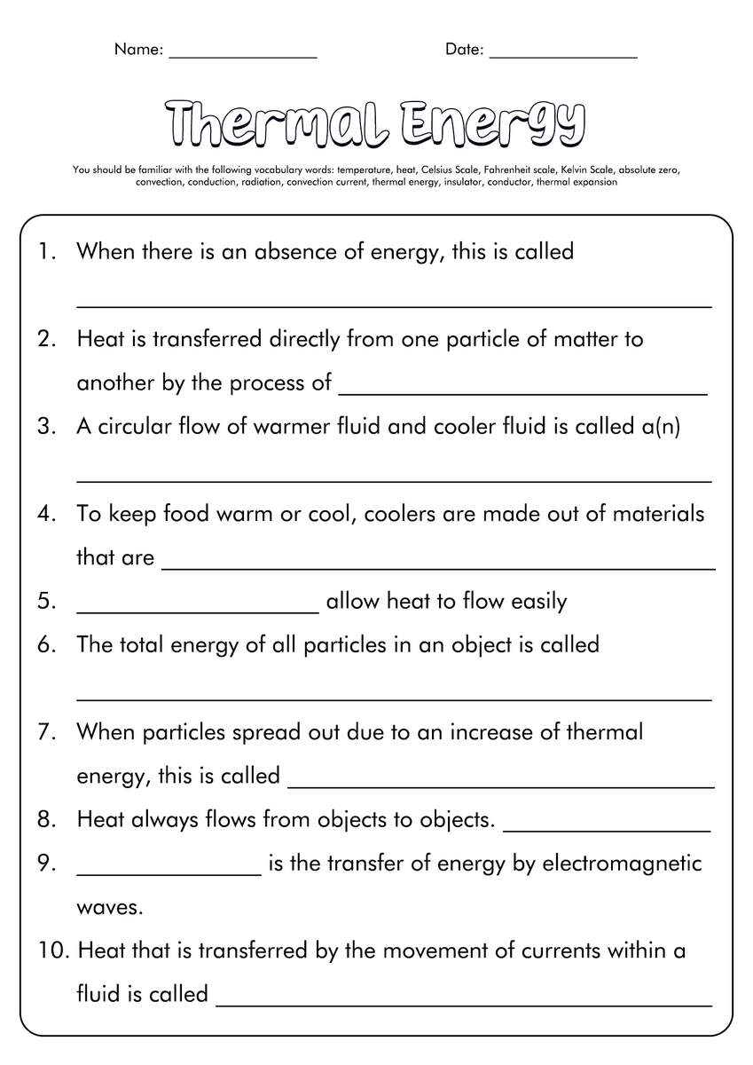 Printable 6th Grade Heat Transfer Worksheets Download
