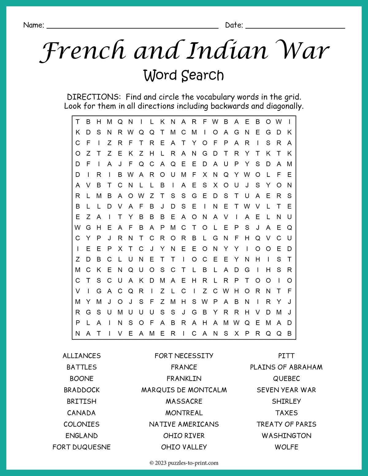 Free Printable French And Indian War Word Search Free Printable French And Indian War Word Search