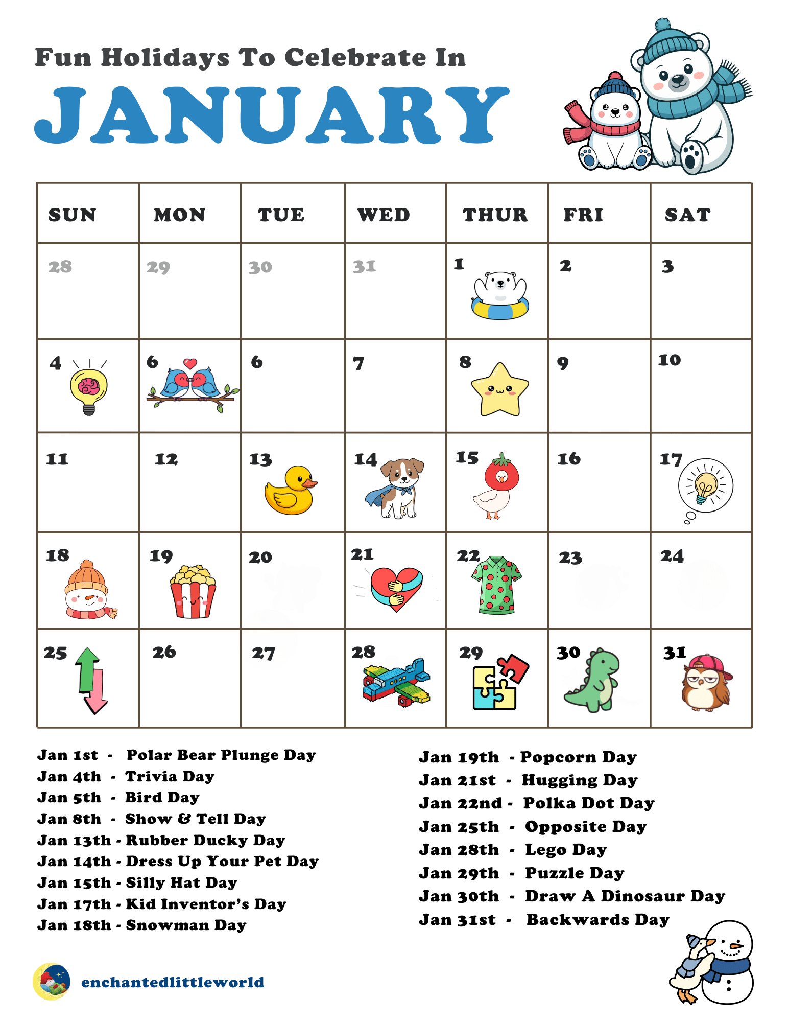 Free Printable January Calendar Fun Holidays Enchanted Little World 1st 2nd Grade Calendar Math Worksheets Tree Valley Academy