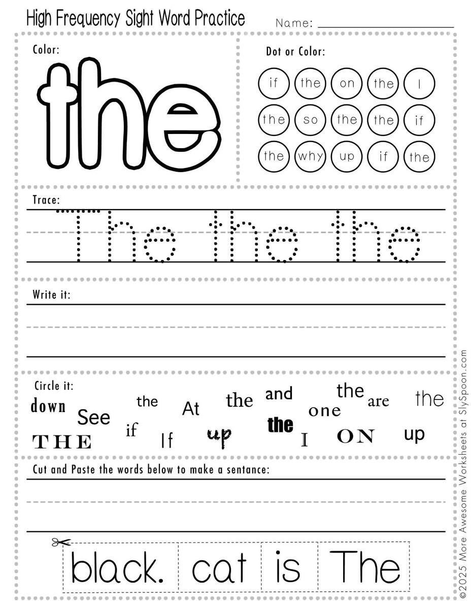 Free Printable The Sight Word Worksheets For Kindergarten First Grade Sly Spoon
