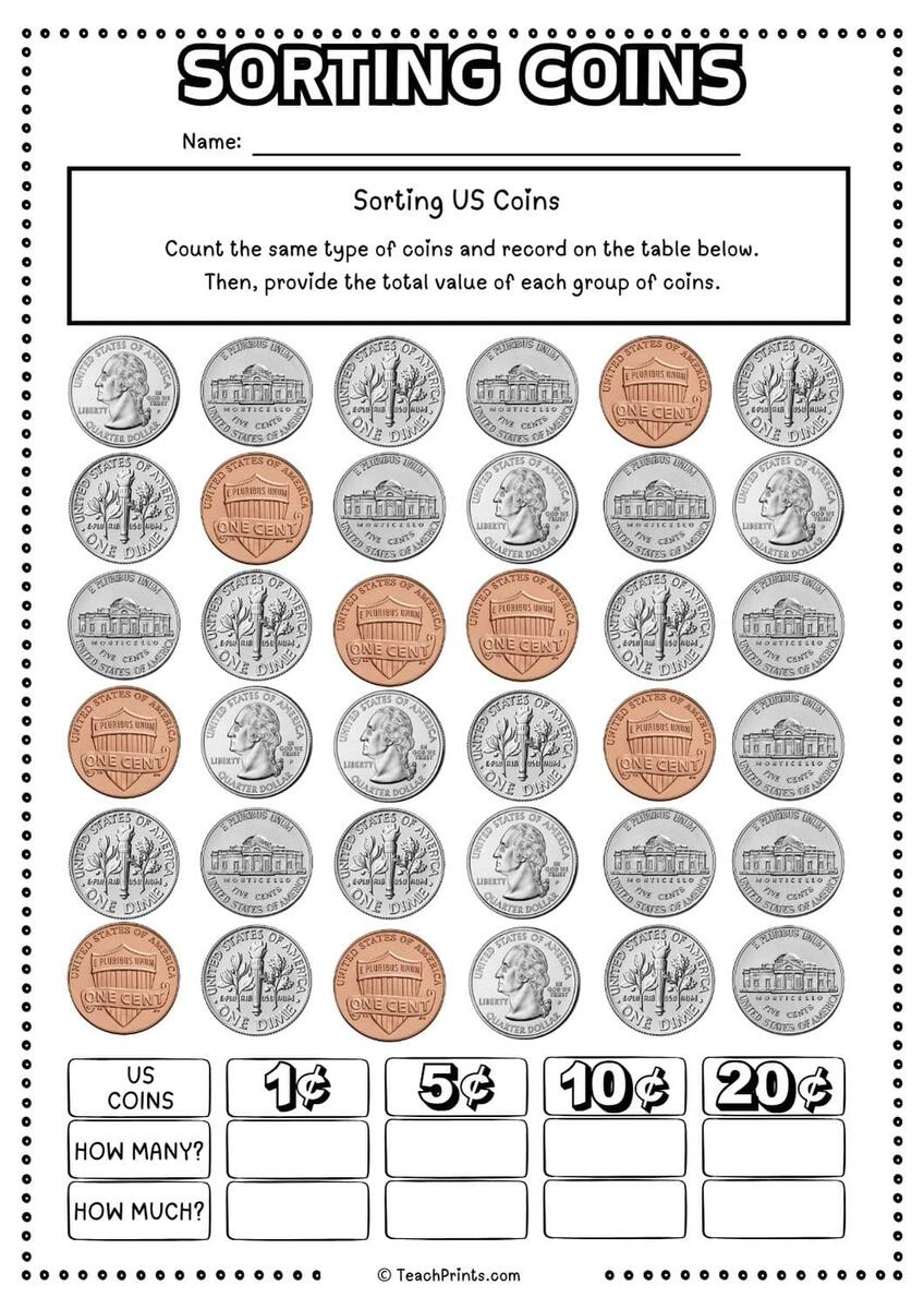 Free Sorting Coins Worksheets Teach Prints