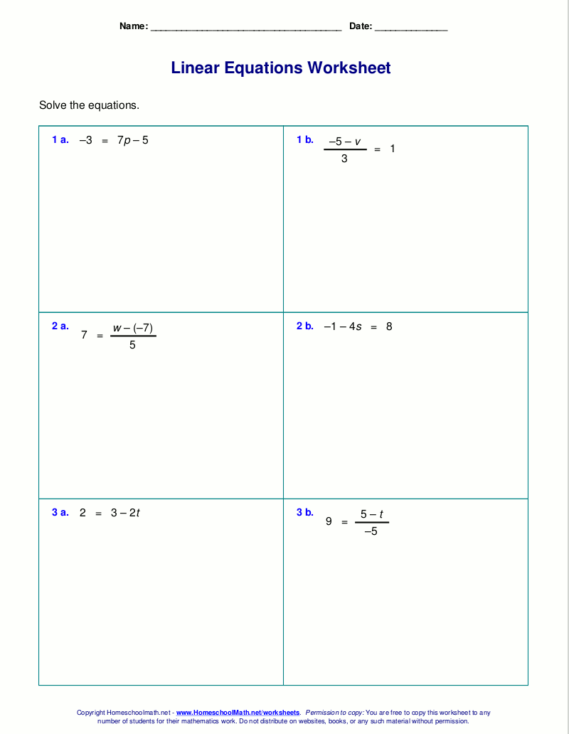 Free Worksheets For Linear Equations Grades 6 9 Pre Algebra Algebra 1 Solving Linear Equations A Worksheet Algebra I PDF Worksheets Cazoom Math