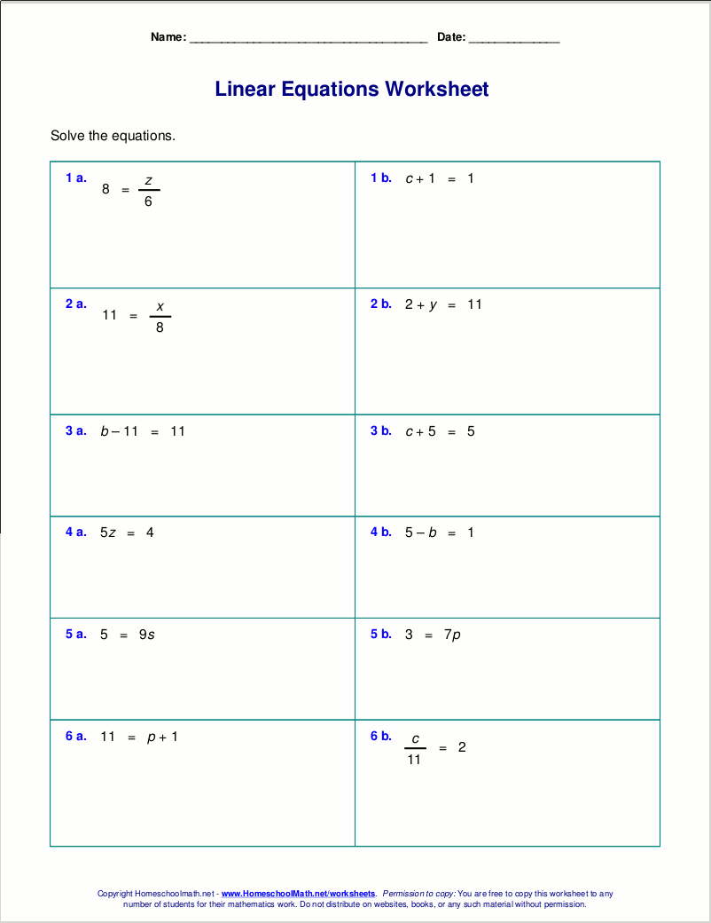 Free Worksheets For Linear Equations Grades 6 9 Pre Algebra Algebra 1 Solving Linear Equations B Worksheet PDF Printable Algebra Worksheet Cazoom Math