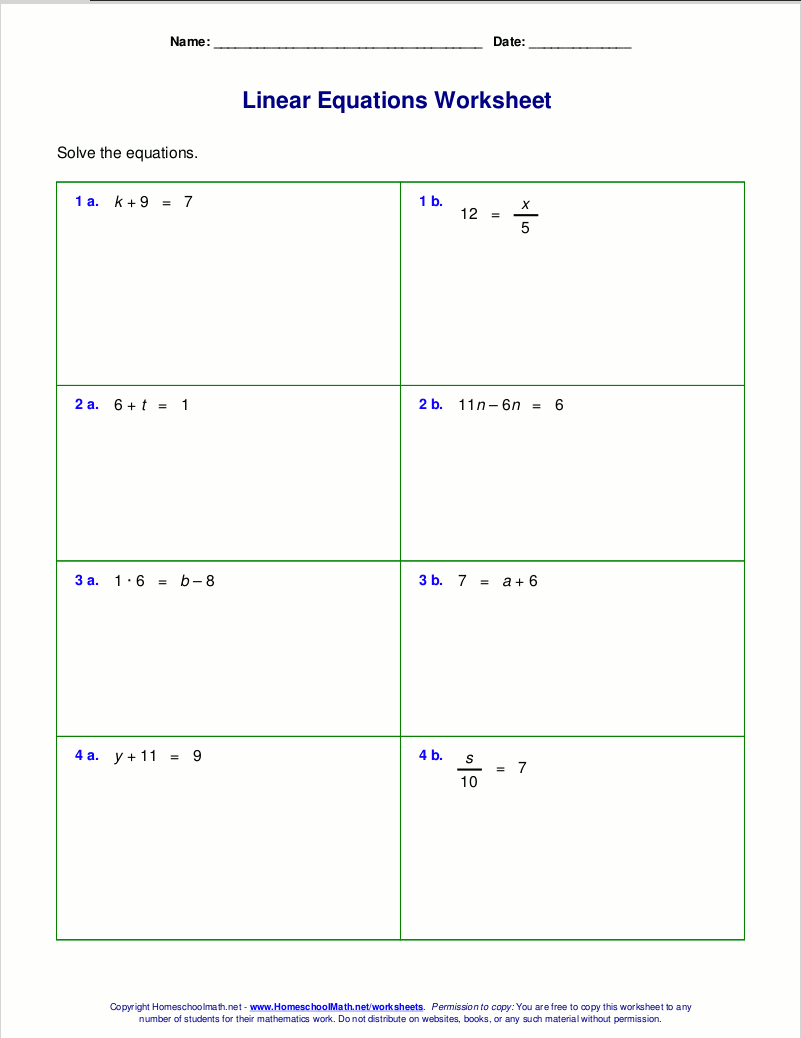 Free Worksheets For Linear Equations Grades 6 9 Pre Algebra Algebra 1 Solving Linear Equations B Worksheet PDF Printable Algebra Worksheet Cazoom Math