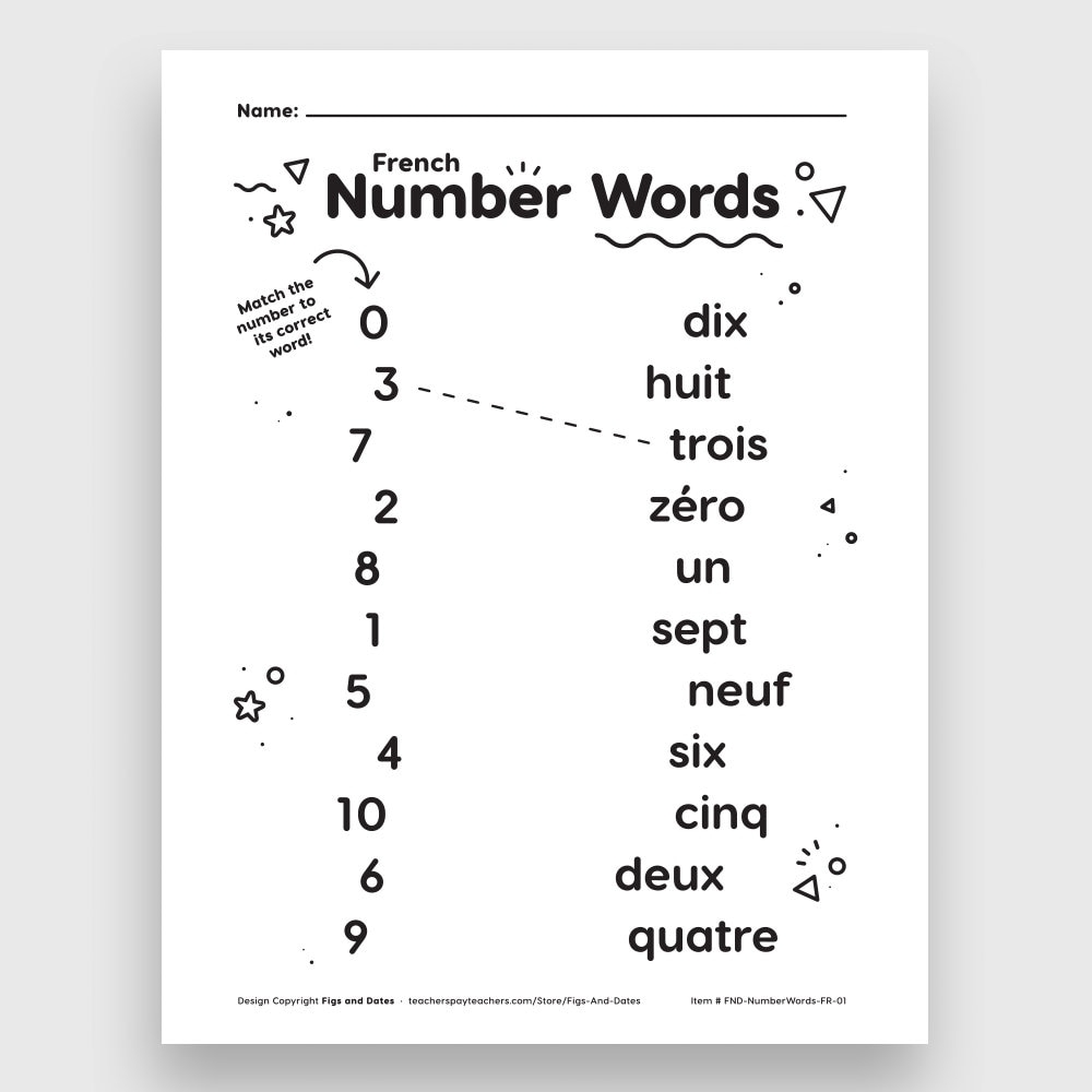 French Number Words Matching Printable Worksheet Grades Prek And Up Etsy Israel
