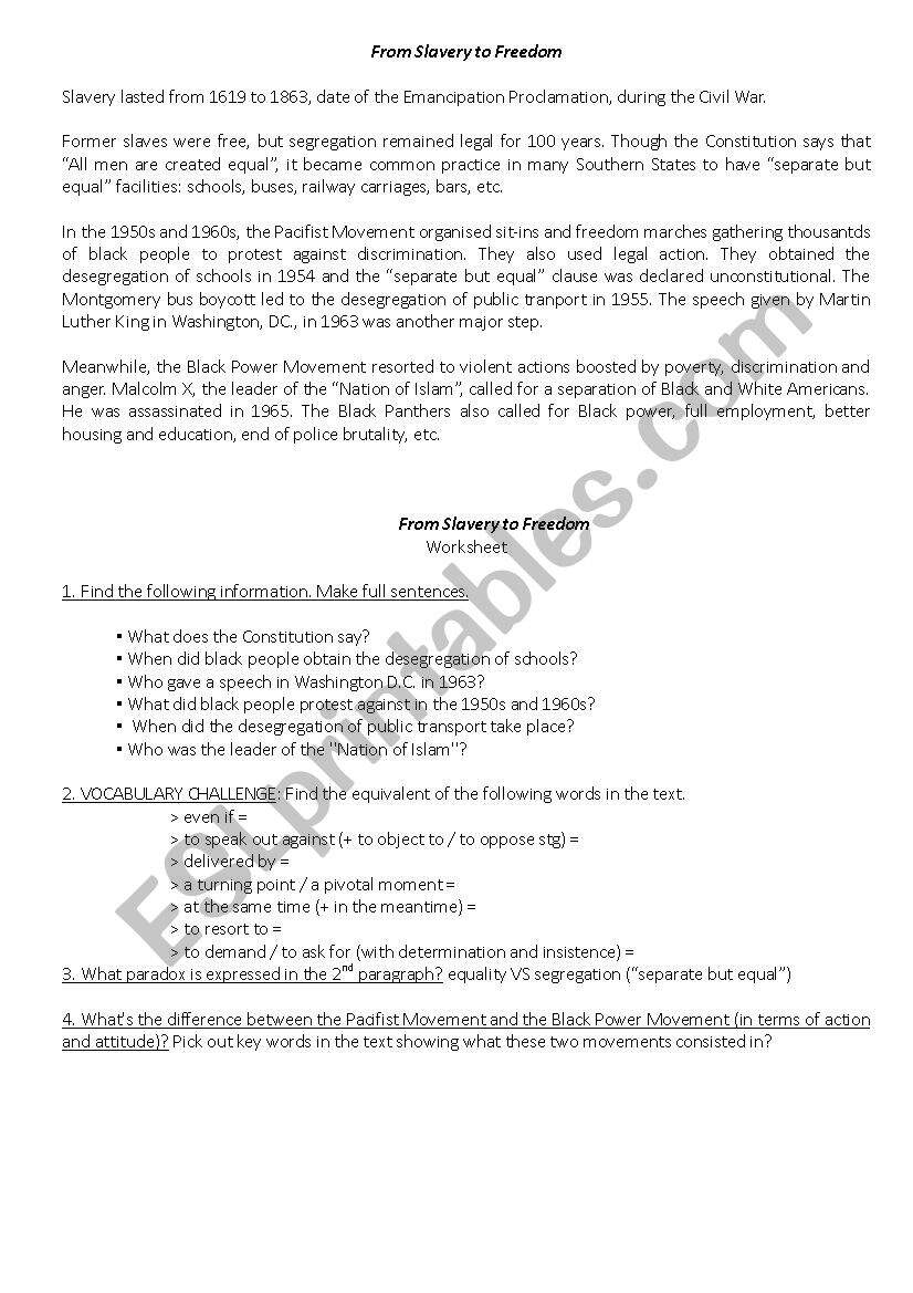 From Slavery To Freedom ESL Worksheet By Nelinceto From Slavery To Freedom ESL Worksheet By Nelinceto