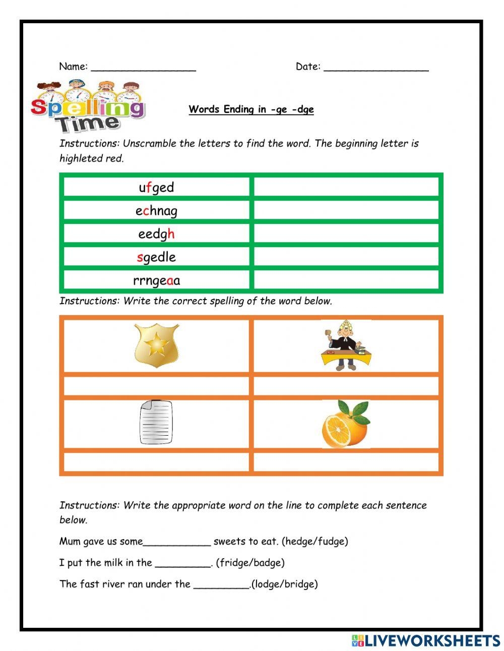 Ge And Dge Words Worksheet Worksheets Library