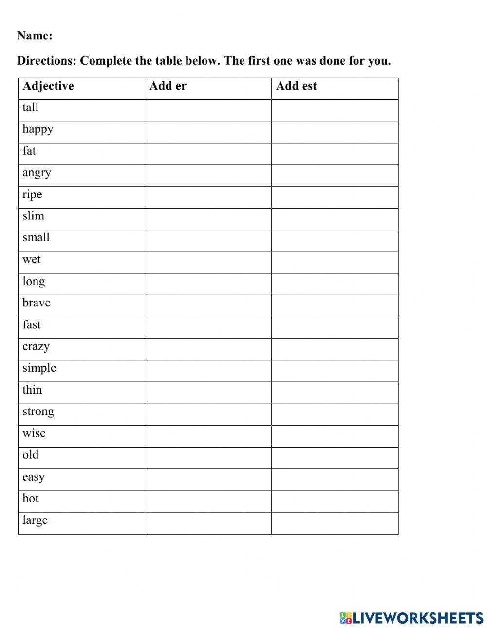 Grade 1 Grammar Adjectives Adding Er And Est Printable Worksheets Library