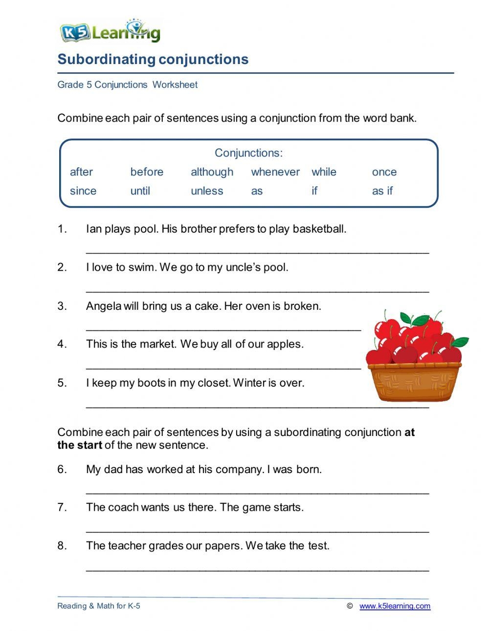 Grade 5 6 Subordinating Conjunctions Worksheet Online Exercise For Worksheets Library