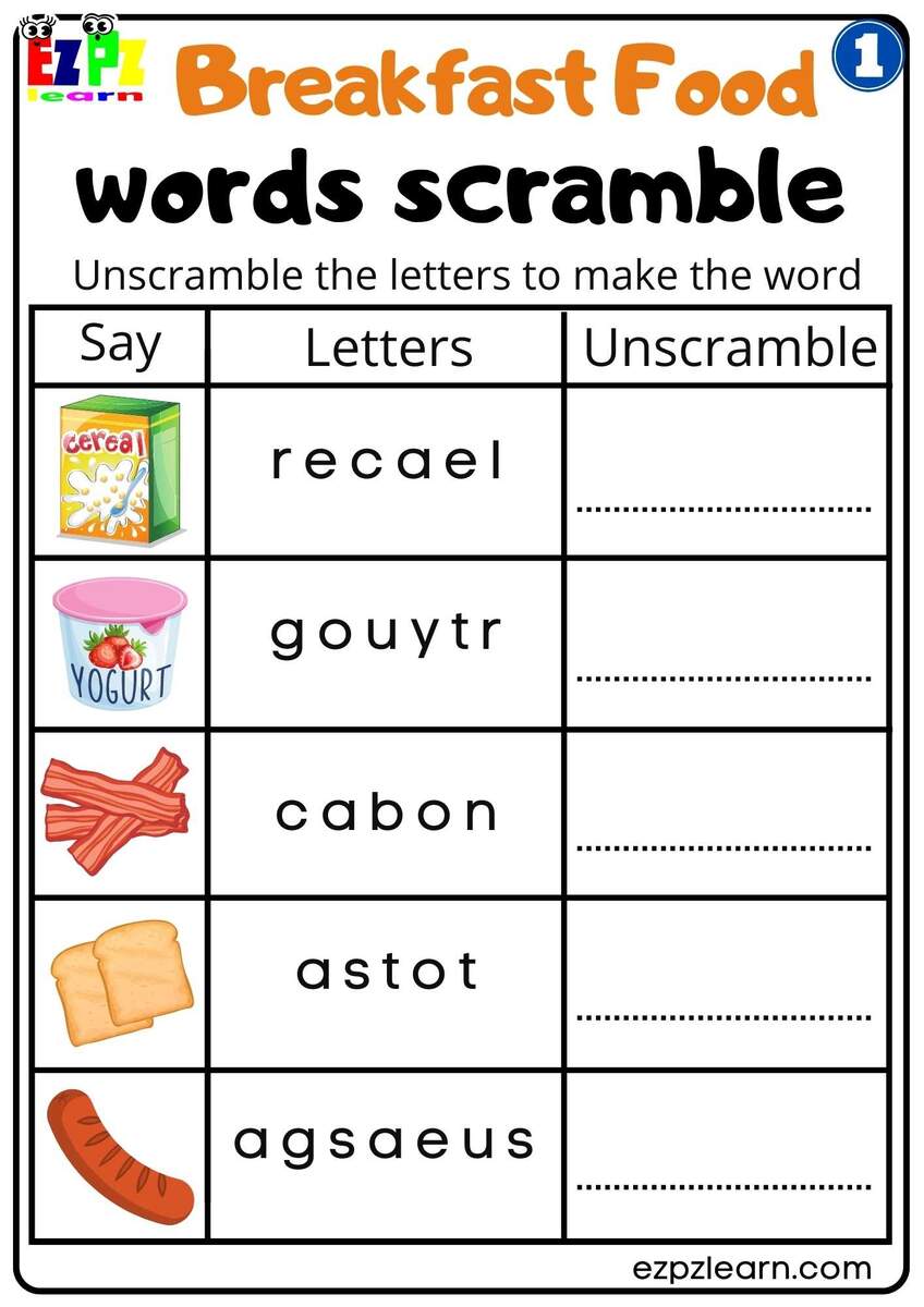 Group 1 Breakfast Food Vocabulary Words Scramble Worksheet For K5 And ESL Students Free PDF Download Ezpzlearn Group 1 Breakfast Food Vocabulary Words Scramble Worksheet For K5 And ESL Students Free PDF Download Ezpzlearn