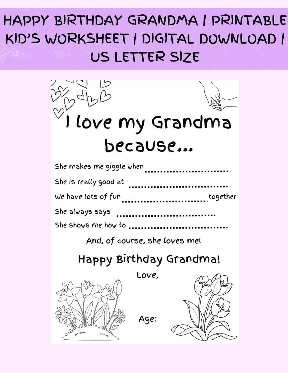 Happy Birthday Gift To Grandma Worksheet For Kids Fill In The Blanks Digital Download Printable PDF I Love My Grandma Because Etsy Israel