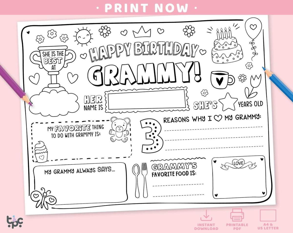 Happy Birthday Gift To Grandma Worksheet For Kids Fill In The Blanks Digital Download Printable PDF I Love My Grandma Because Etsy Israel