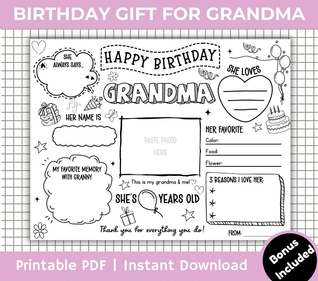 Happy Birthday Grandma Coloring Page All About Grandmother Template Granny s Birthday Activity Happy Birthday Grandma Placemat Printable Etsy