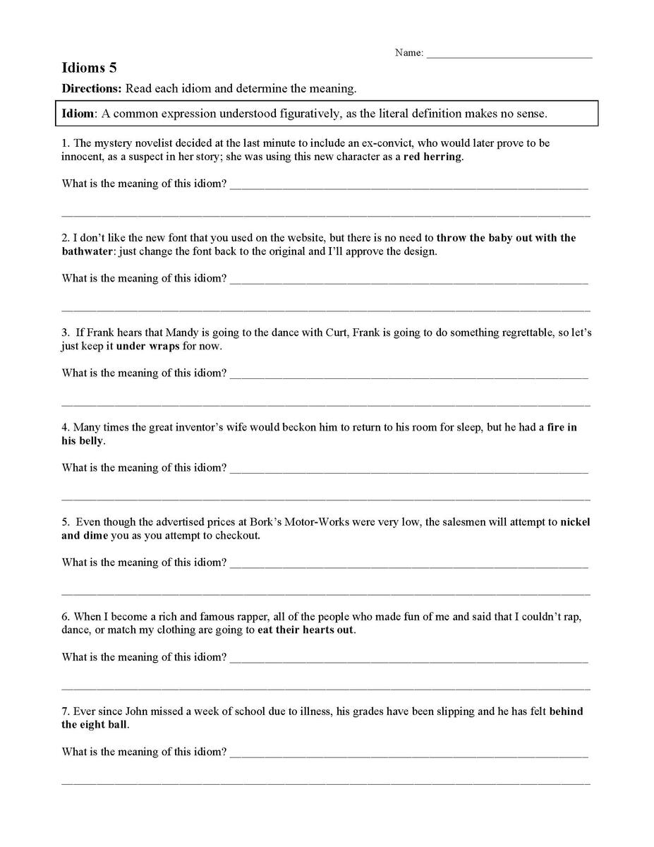 Idiom Worksheet 5 Reading Activity