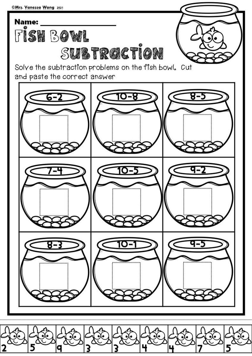 Kindergarten Math Worksheets Cut And Paste Subtraction Distance Learning Etsy Canada
