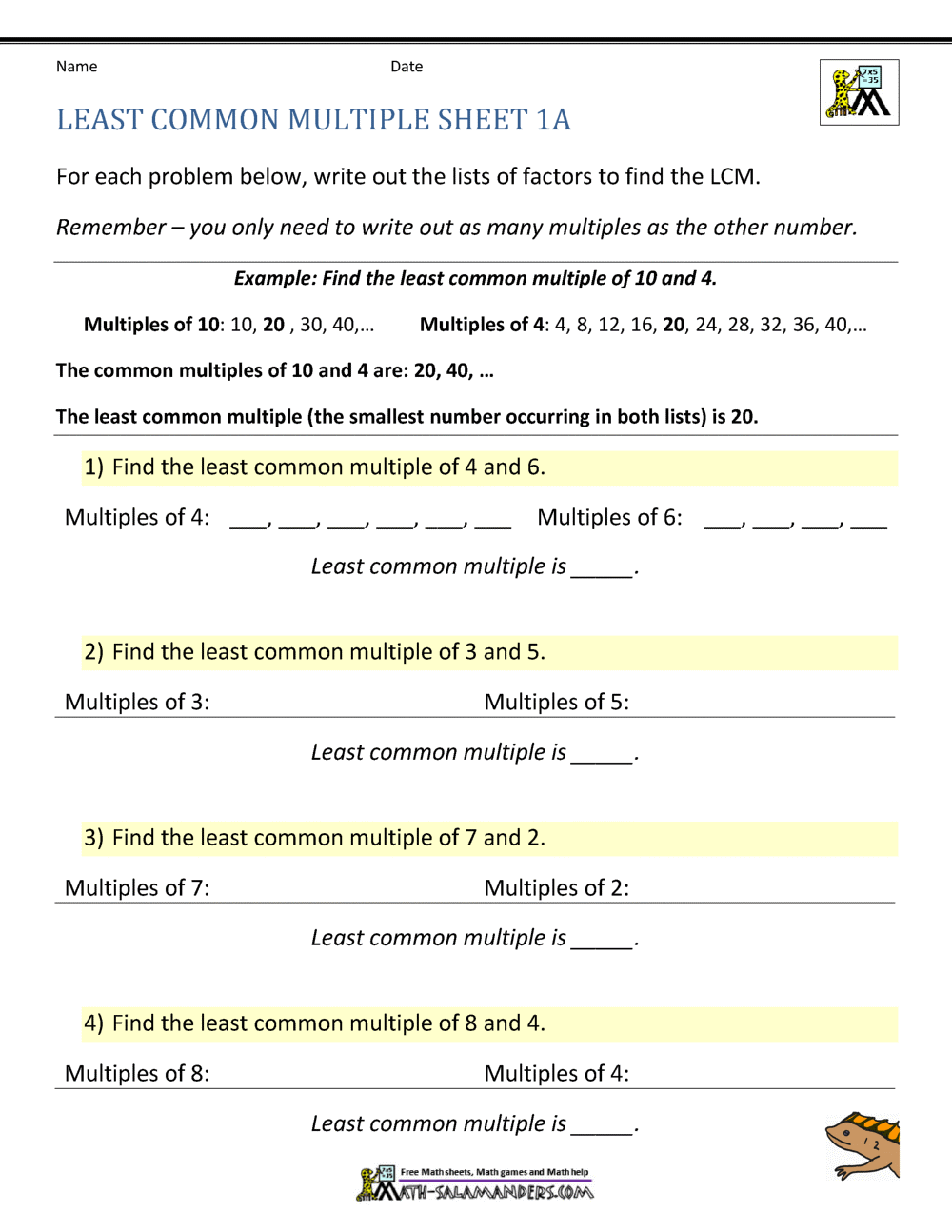 Least Common Multiple Worksheets Page Least Common Multiple Worksheets Page