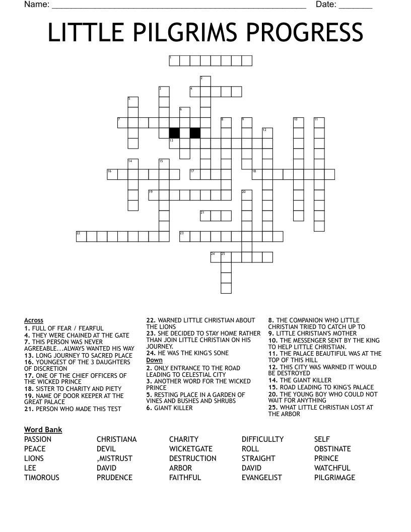 LITTLE PILGRIMS PROGRESS Crossword WordMint