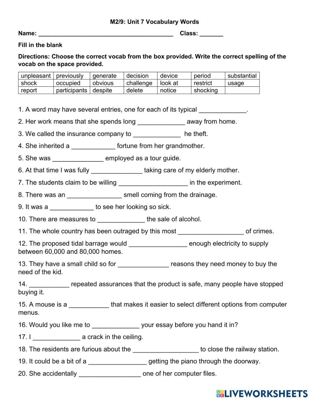 M2 Unit 7 Vocabulary Words Worksheet Worksheets Library M2 Unit 7 Vocabulary Words Worksheet Worksheets Library