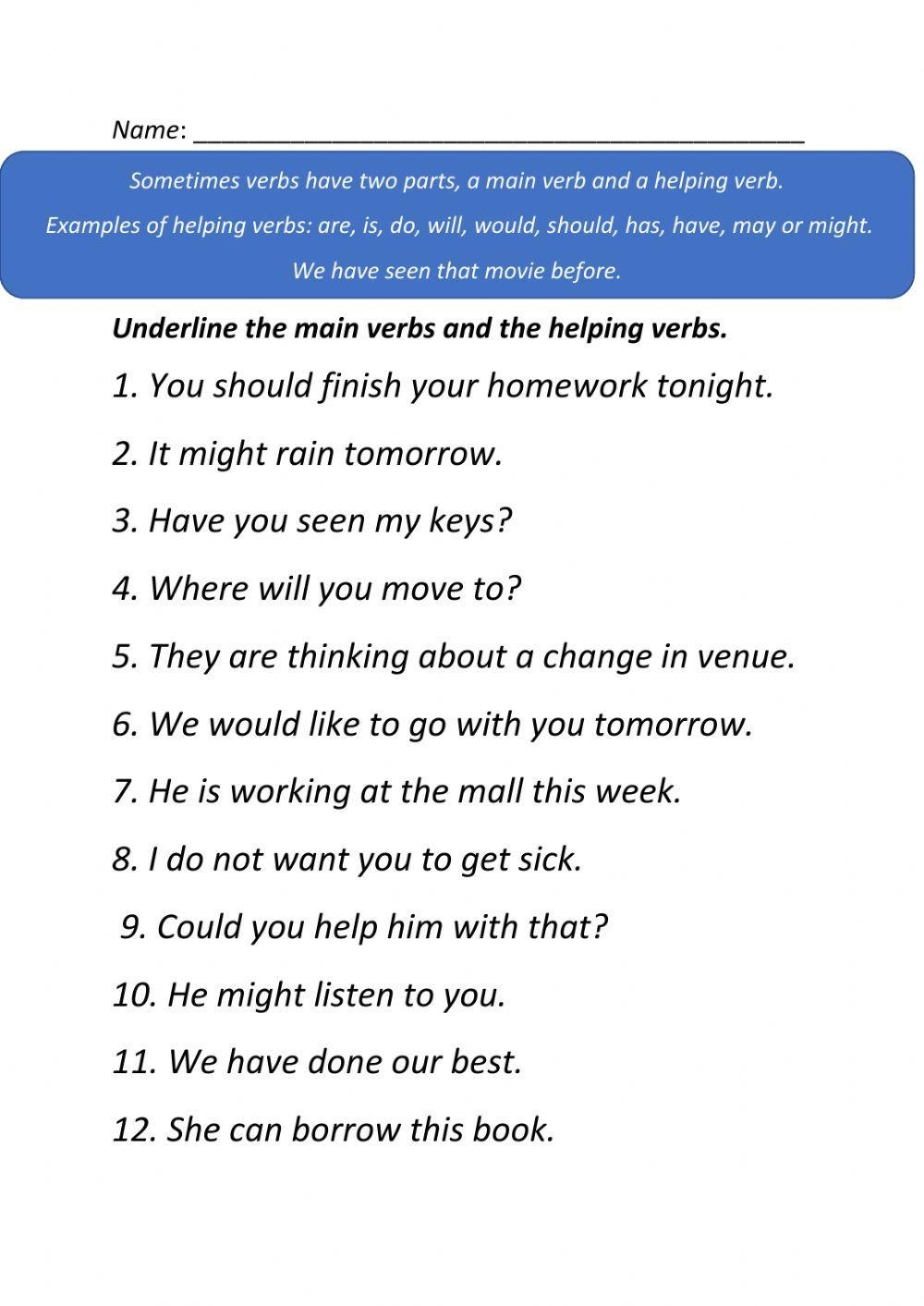 Main Verb And Helping Verb Worksheet Worksheets Library Class 5 English Grammar Verbs Worksheet PDF Free Practice Answers