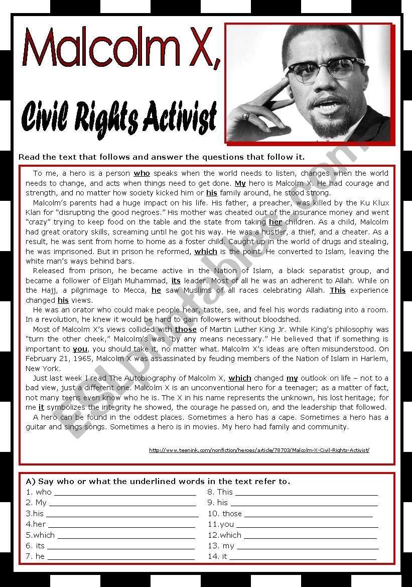 Malcolm X Civil Rights Activist ESL Worksheet By Zmarques