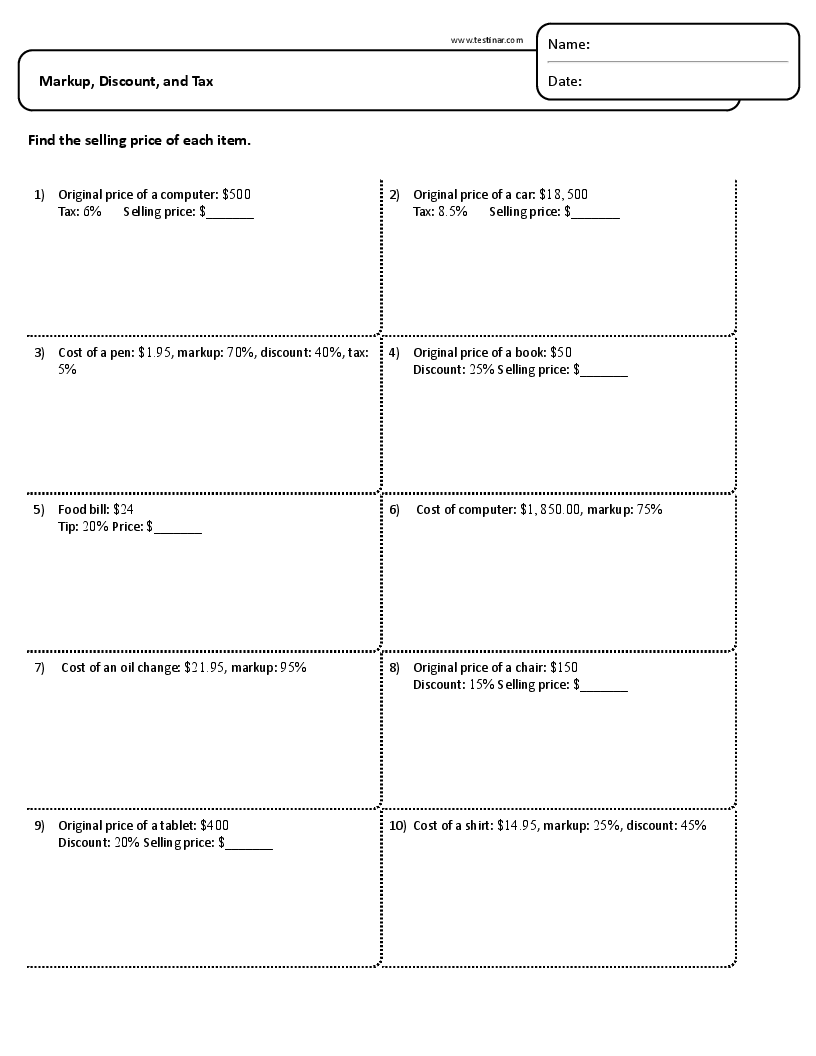 Markup Discount And Tax Worksheets
