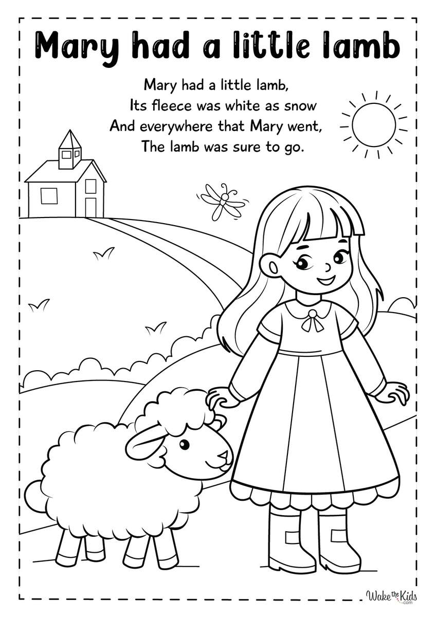 Rhymes Activity Mary Had A Little Lamb Colouring Worksheet ClassMonitor