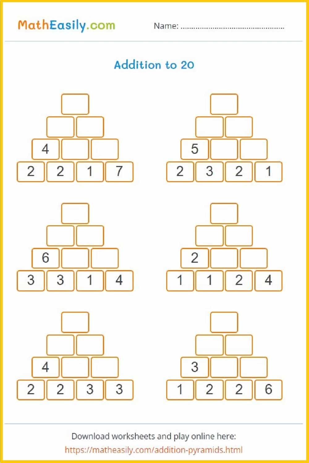 Math Number Pyramid Puzzle Game Worksheets