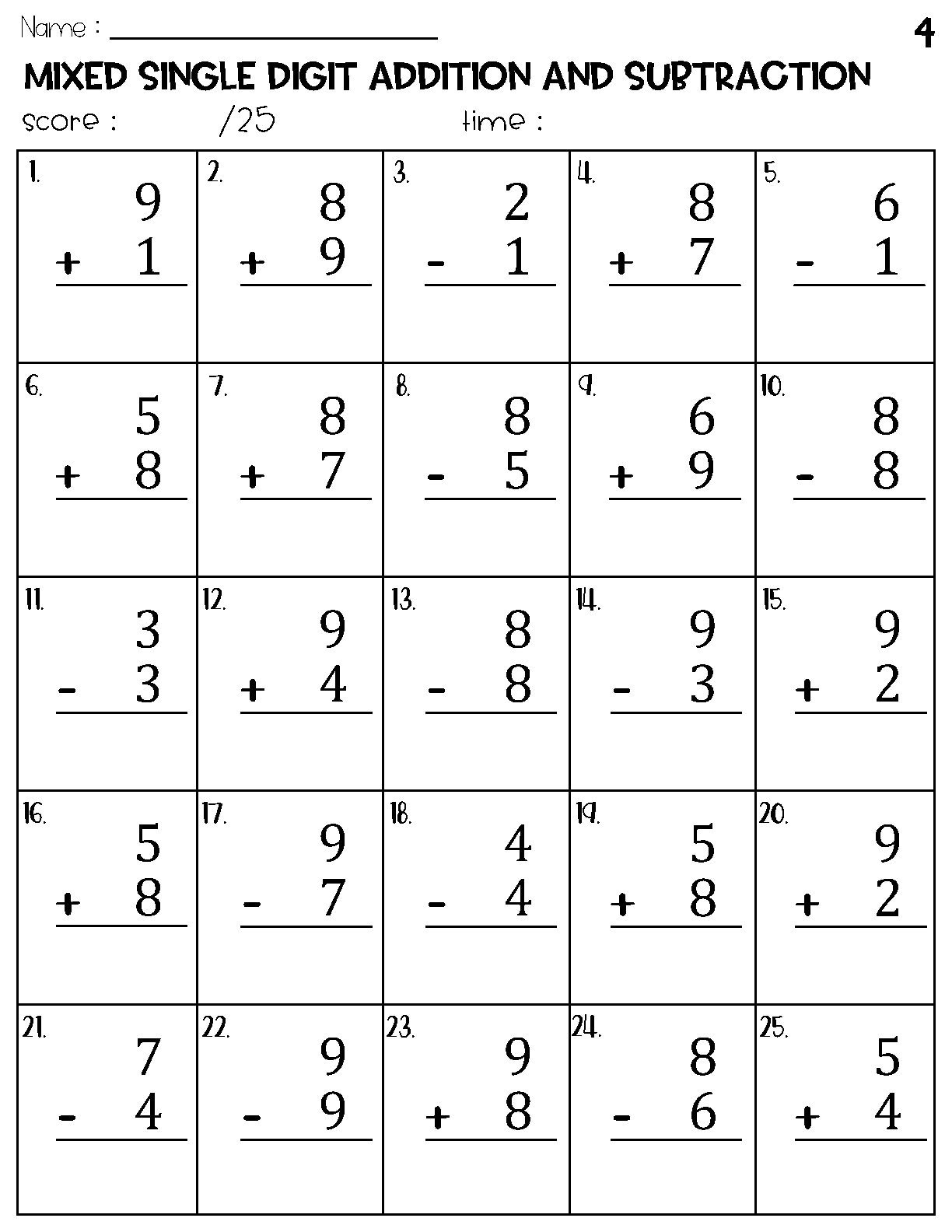 Mixed Single Digit Addition And Subtraction Worksheets Etsy Hong Kong
