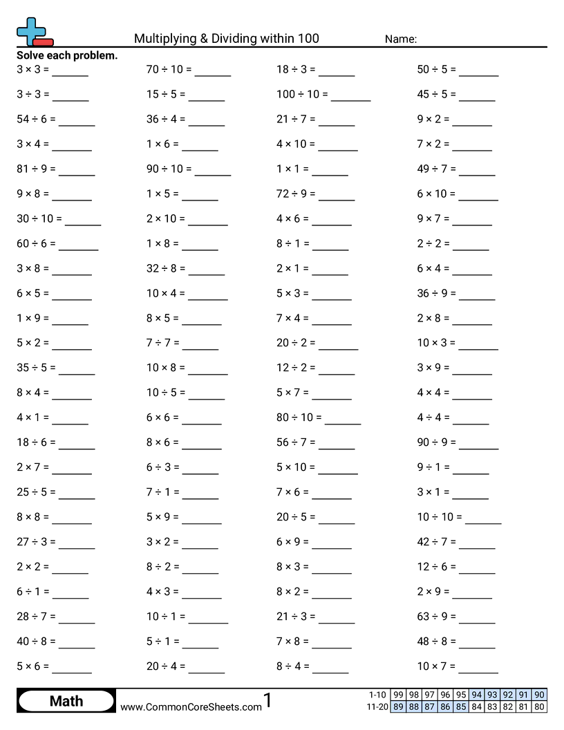 Multiplying Dividing Within 100 Worksheet Download Math Drills Worksheets