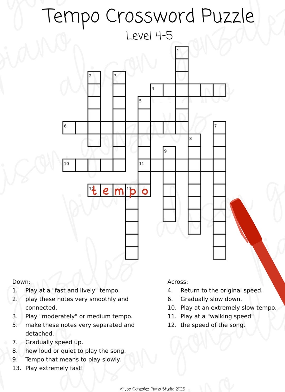 Music Tempo Crossword Puzzle Piano Lesson Activity Digital Download Etsy Basic Music Theory Worksheets Treble And Bass Clef Note Values Easy Dynamics